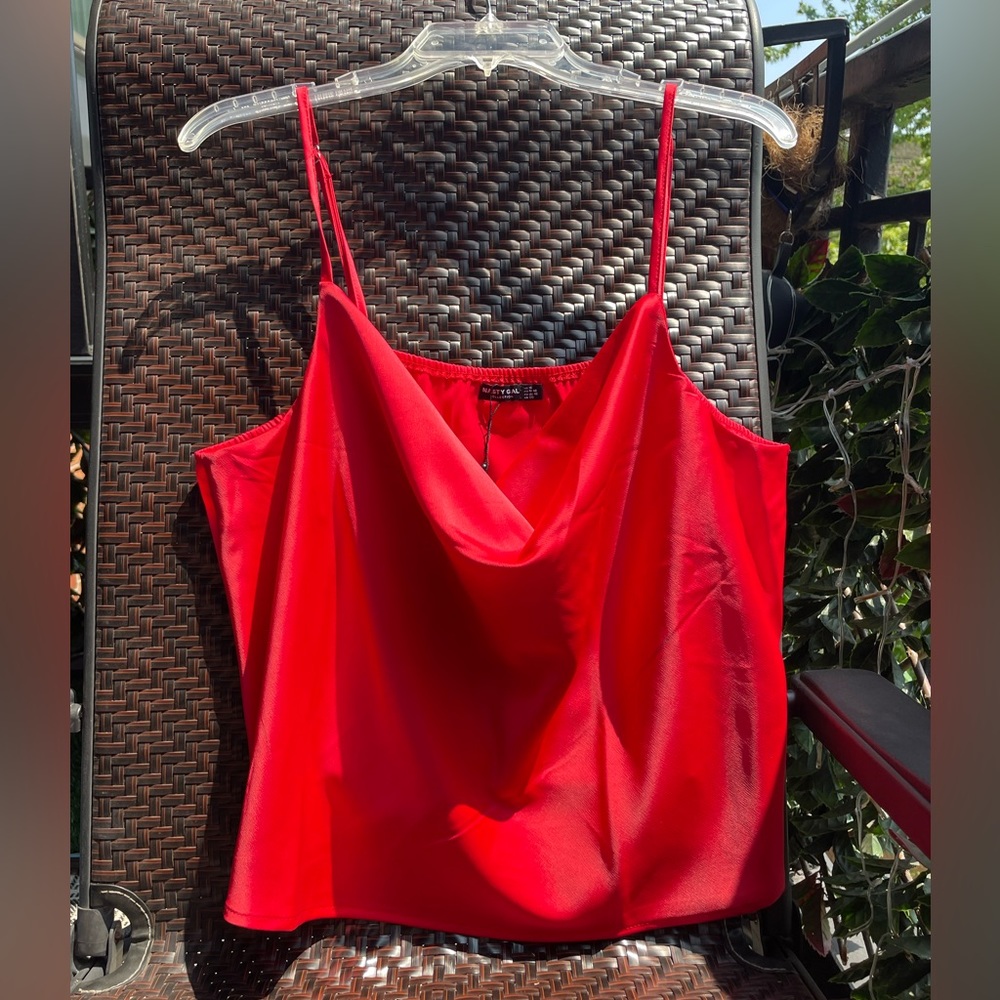 NWT Nasty Gal Satin Cowl Neck Draped Cami Top in Red